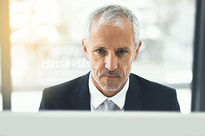 Buy stock photo Mature man, office and computer for internet research, online and information as lawyer. Entrepreneur, pc and email for connection, networking and legal advice or company growth with project