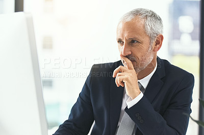 Buy stock photo Mature man, office and thinking on computer for internet research, online and information as lawyer. Entrepreneur, pc and idea or vision for connection, networking and legal advice or company growth