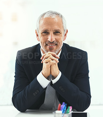 Buy stock photo Smile, portrait and senior man in office happy, confident and empowered on white background. Face, confidence and elderly male CEO cheerful at desk, proud and satisfied with his corporate career