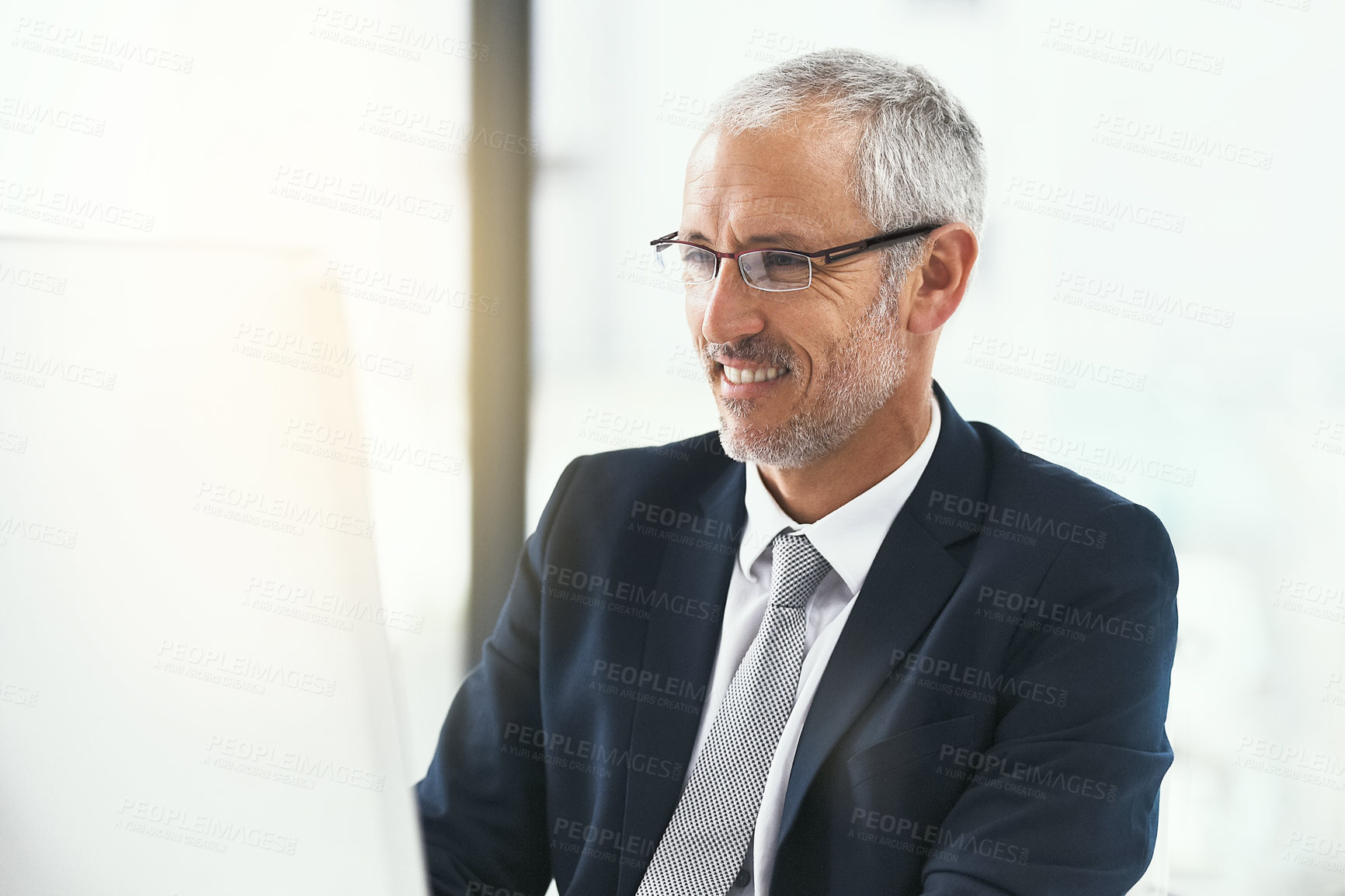 Buy stock photo Computer, glasses and mature businessman in office for web, research and b2b, client or communication. Pc, review and CEO reading company newsletter, planning or checking email, schedule or feedback