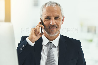 Buy stock photo Portrait, business and phone call with mature man, connection and communication with network. Face, senior person and lawyer with cellphone and app with mobile user and attorney listening to contact