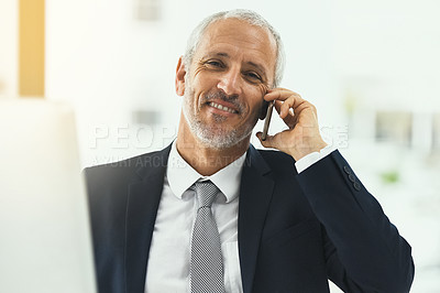 Buy stock photo Portrait, employee and phone call with mature man, connection and communication with app. Face, senior person and real estate agent with smartphone and network with feedback and listening to contact