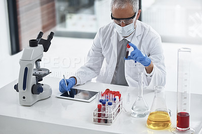 Buy stock photo Science, tablet and scientist working on blood test writing online results of medical exam in a lab or laboratory. Medicine, research and healthcare man or professional doing DNA or RNA analytics