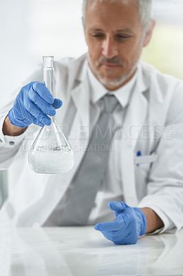 Buy stock photo Mature man, beaker or scientist in lab for science innovation, vaccine or antiaging medicine chemical. Life extension, medical or blur of biologist with chemistry in research or liquid experiment