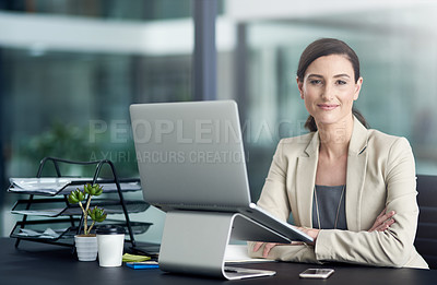 Buy stock photo Portrait of a professional businesswoman using a laptop at her office desk