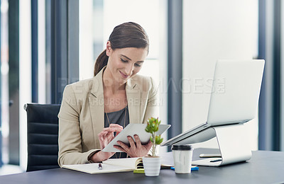 Buy stock photo Smile, woman and tablet with notification in office for social media post, communication or online business. Corporate, female person and technology on desk for internet research and connectivity