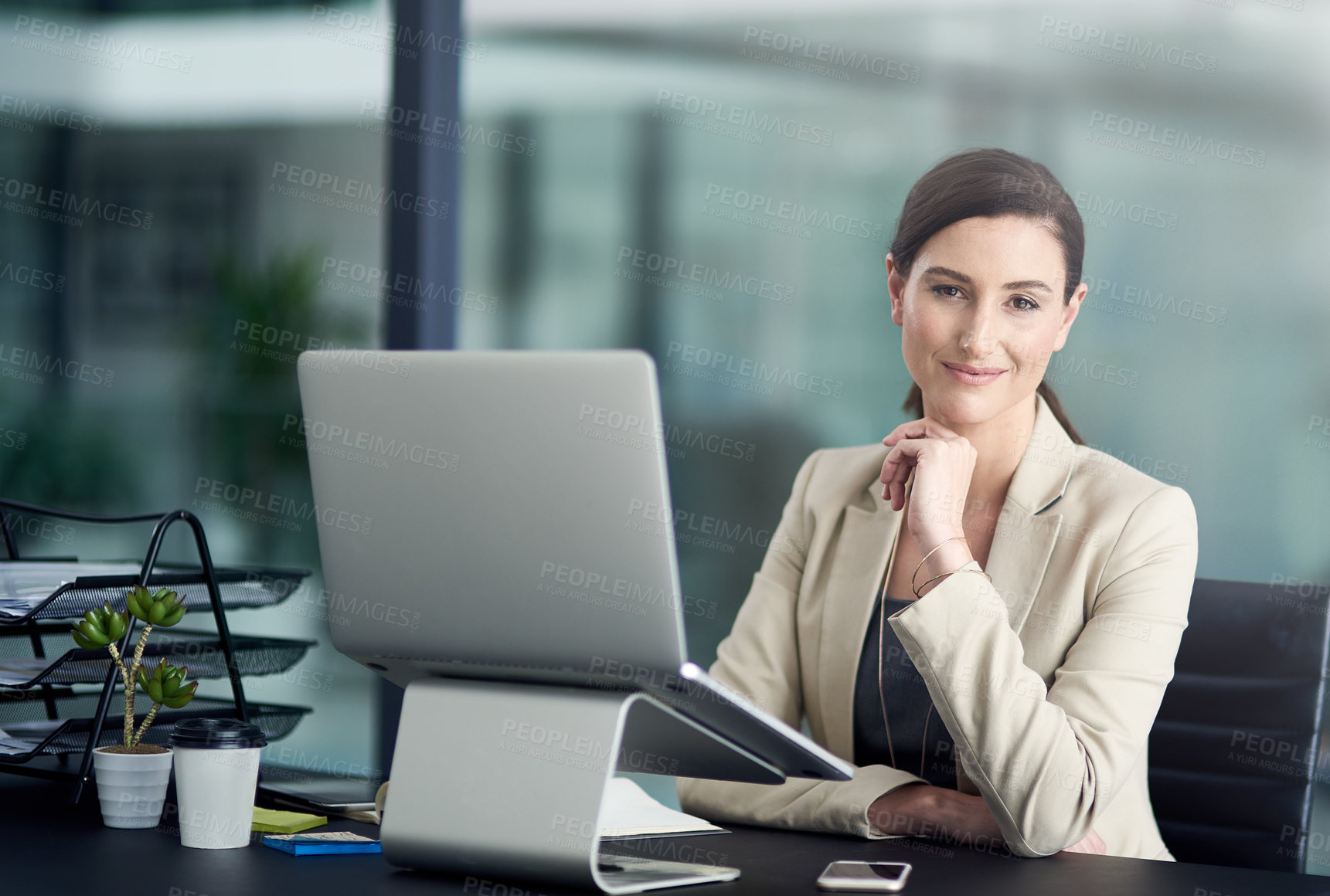 Buy stock photo Portrait of a professional businesswoman using a laptop at her office desk