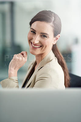 Buy stock photo Portrait of a happy businesswoman working in a modern office