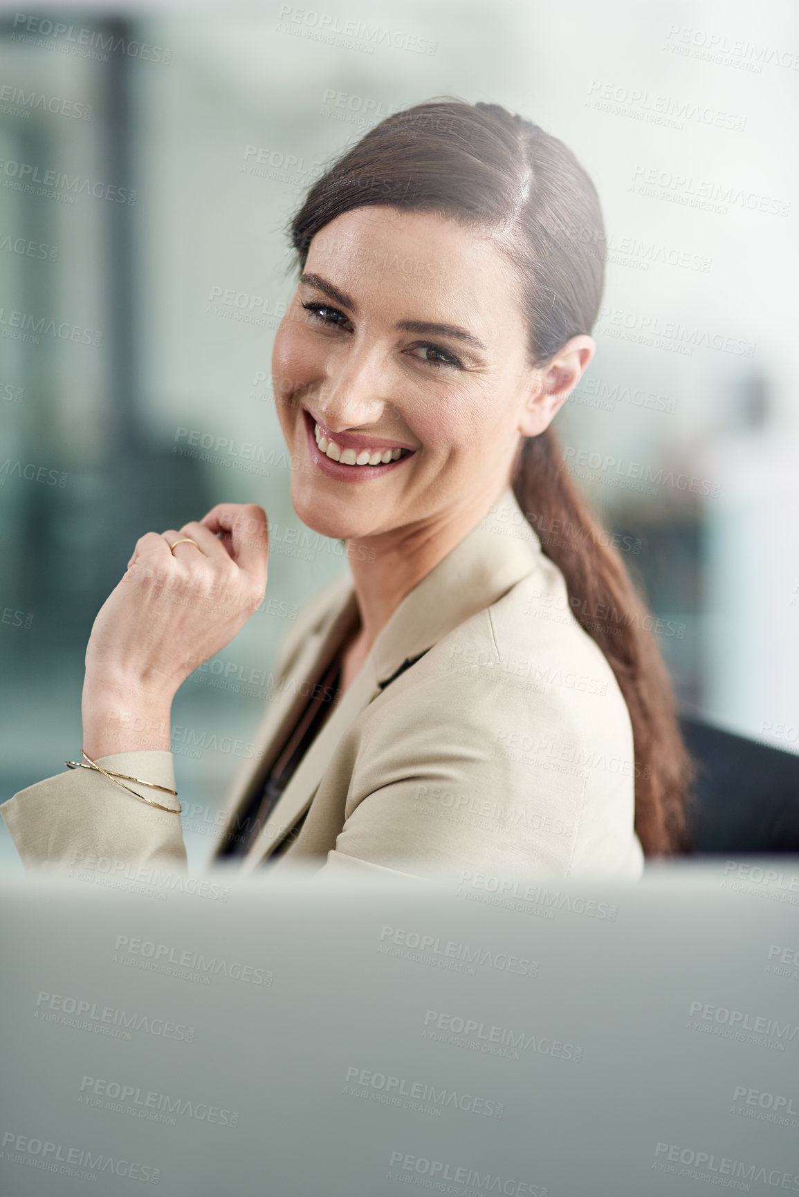 Buy stock photo Businesswoman, portrait and office with smile, happiness and confidence for goals. Creative writer, professional news person and technology for content creation, publishing and online press startup