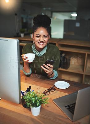 Buy stock photo Portrait of an attractive young woman using her cellphone in the office