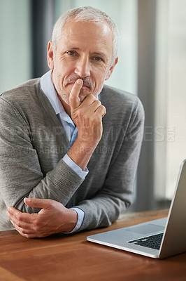Buy stock photo Mature man, home office and thinking with laptop for online research, ideas and vision as business developer. Portrait, internet and strategy for company growth or opportunities for reviews and plans