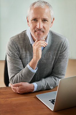 Buy stock photo Mature man, home office and smile with laptop for online research, ideas and vision as business developer. Portrait, internet and strategy for company growth or opportunities for reviews and plans