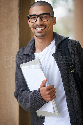 Buy stock photo Student, portrait and college with smile, notebook and learning for development or education in university for studying. Male person, cheerful and excited for knowledge, phd and school in scholarship
