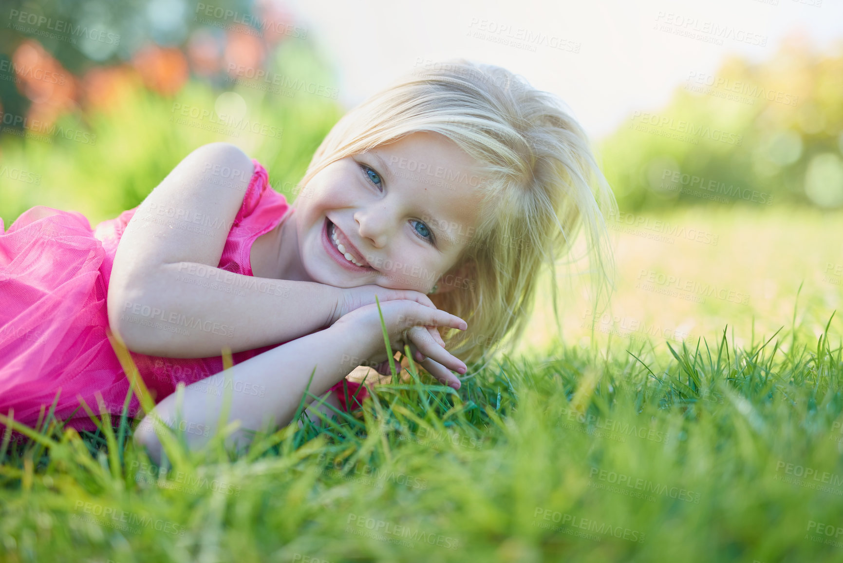 Buy stock photo Portrait, smile and girl child on grass in field or nature for summer holiday or vacation. Garden, park and smile with happy young kid outdoor for development, growth or peace on green lawn 