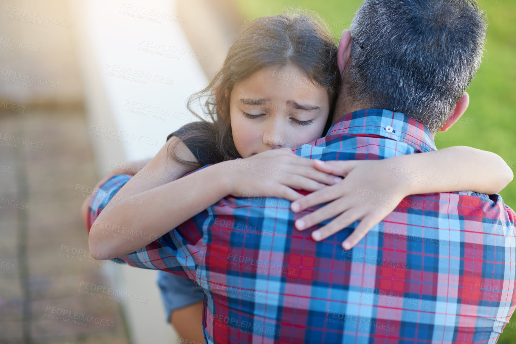 Buy stock photo Hug, father and girl with love, sympathy and comfort with grief, loss and depression with pain. Family, female child or male parent with kid, daughter or dad embrace, sad or care with anxiety or fear