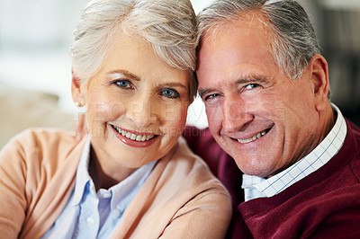 Buy stock photo Happy, senior couple and hug in portrait for affection, support and commitment to marriage and relationship. Mature, woman and man with smile and love embrace for bonding and retirement at home