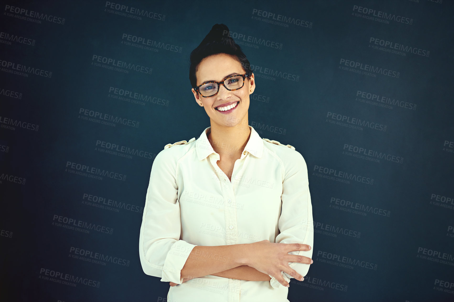Buy stock photo Portrait, businesswoman and smile on studio backdrop for internship, company development and startup. Female person, graphic designer and apprenticeship with confidence in creative agency for mockup 