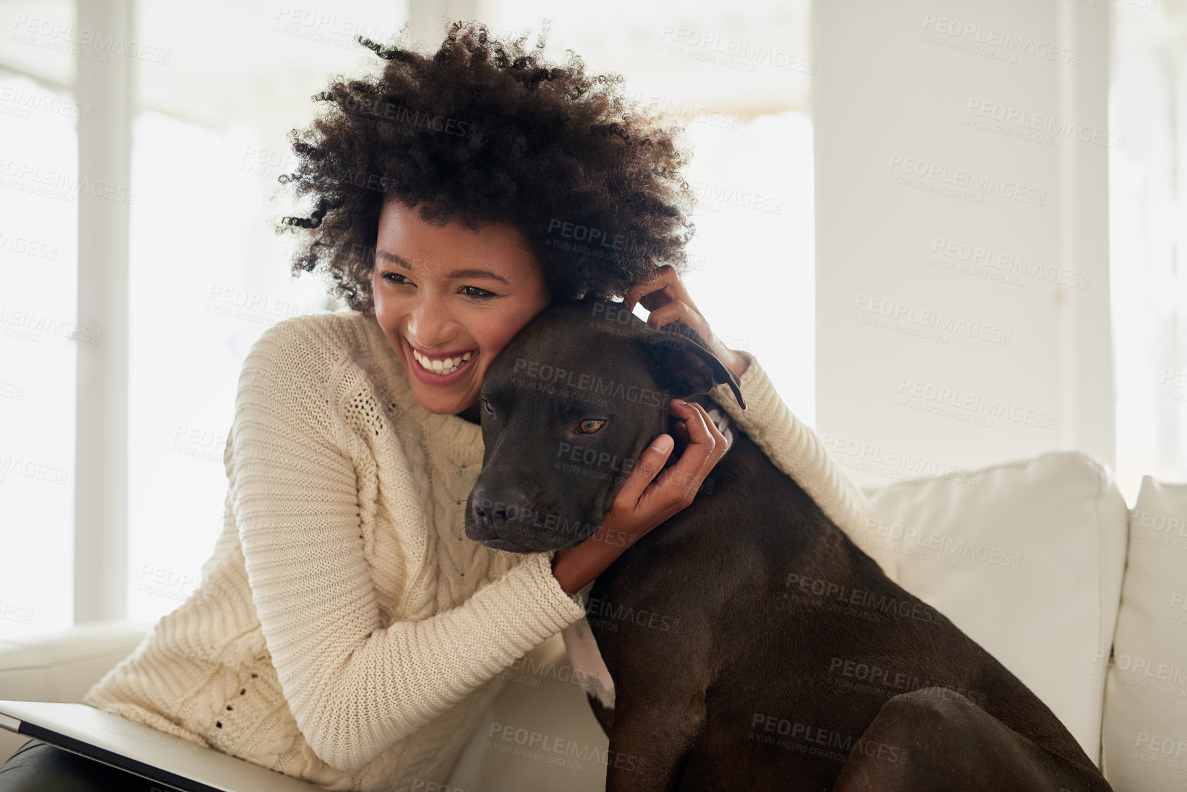Buy stock photo Shot of an attractive young woman petting her dog while sitting on the sofa at home