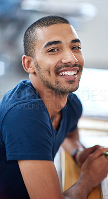 Buy stock photo Smile, office and portrait of business man for startup career, job or working in design agency. Professional, creative company and face of person at desk with confidence, pride and happy in workplace