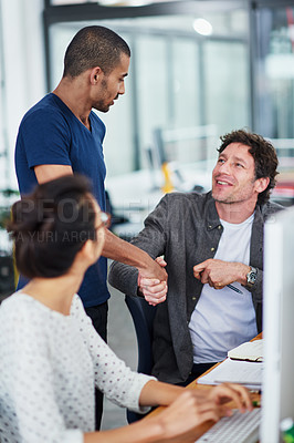 Buy stock photo Business people, handshake and congratulations in office for success, announcement and news of promotion or good job. Leader and employees shaking hands for collaboration or thank you at tech company