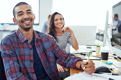 Buy stock photo Happy, office and portrait of man coworking with people for creative project in Brazil company. Excited, employee and smile for productivity in writing collaboration, planning with notes or teamwork