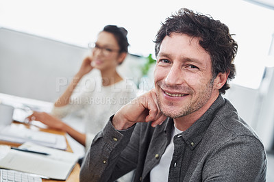 Buy stock photo Happy, coworking and portrait of man in office with teamwork on creative project in Portugal company. Excited, employee and person with smile for productivity on collaboration or cooperation in work