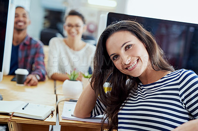 Buy stock photo Teamwork, portrait and coworkers in office for creative project, startup or development. Confident, smile and diverse group of people for employee, occupation or professional on company growth