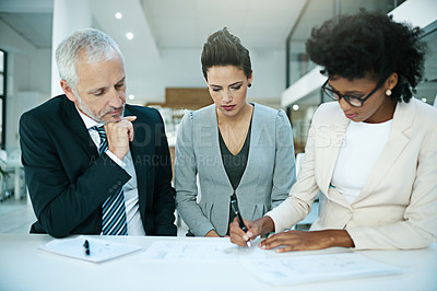 Buy stock photo Meeting, team and business people in discussion, writing notes and planning for brainstorming ideas in office. Consultant group, collaboration and documents for conversation or strategy with CEO