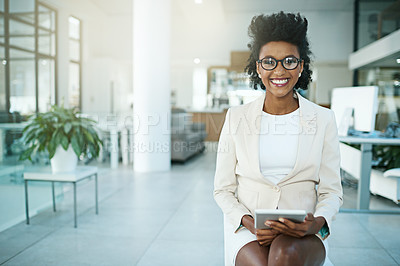 Buy stock photo Office, portrait and project manager with tablet or black woman planning schedule online on lobby. Professional, app and employee with tech for email, communication and virtual planner for admin
