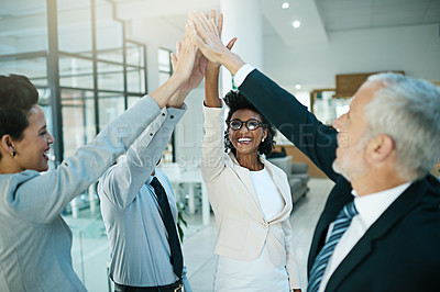 Buy stock photo High five, celebration and business people for achievement, teamwork and company collaboration. Happy, corporate and victory for sale or b2b deal, success and winning for partnership in workplace