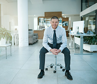 Buy stock photo Portrait, chair and businessman in office for relax, happy and corporate employee in workplace. Smile, sales and consultant for interview at retail agency, employment and job opportunity meeting