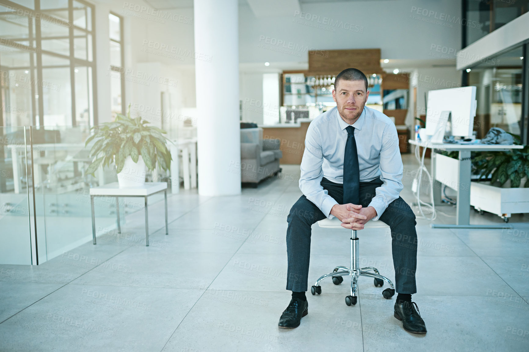 Buy stock photo Portrait, chair and businessman in office for relax, happy and corporate employee in workplace. Smile, sales and consultant for interview at retail agency, employment and job opportunity meeting