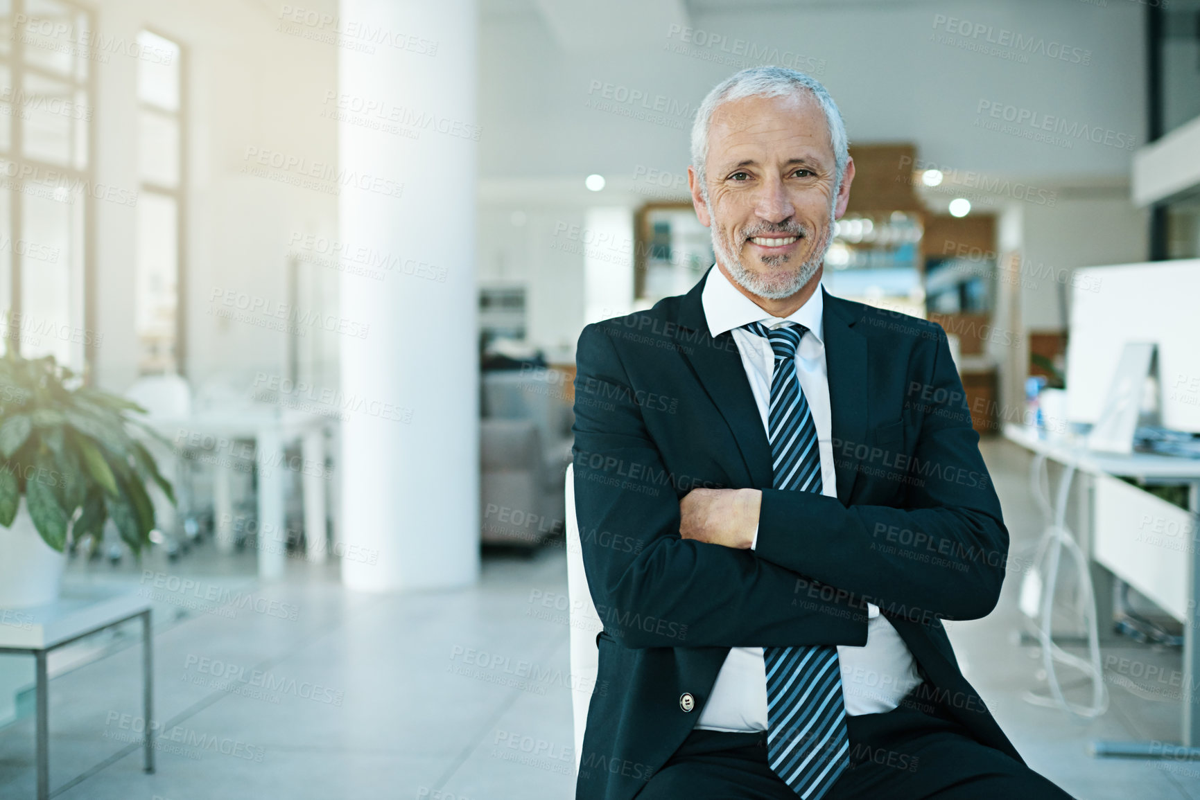 Buy stock photo Portrait, ceo and businessman in office, corporate and arms crossed or successful in workplace. Management, smile and senior executive for attorney practice, director and professional for boss