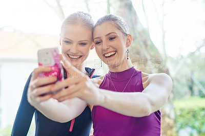 Buy stock photo Ballet, people and smile, selfie outdoor after training and competition or theatre. Dancers, happy and friends take photo or bond with smartphone for excited memory, social media or internet post