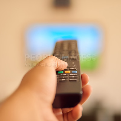 Buy stock photo POV, remote and control for television, smart tv and entertainment at home for relax, news and show. Hand, tech and channel for streaming, movie or video in lounge for screen on weekend or day off