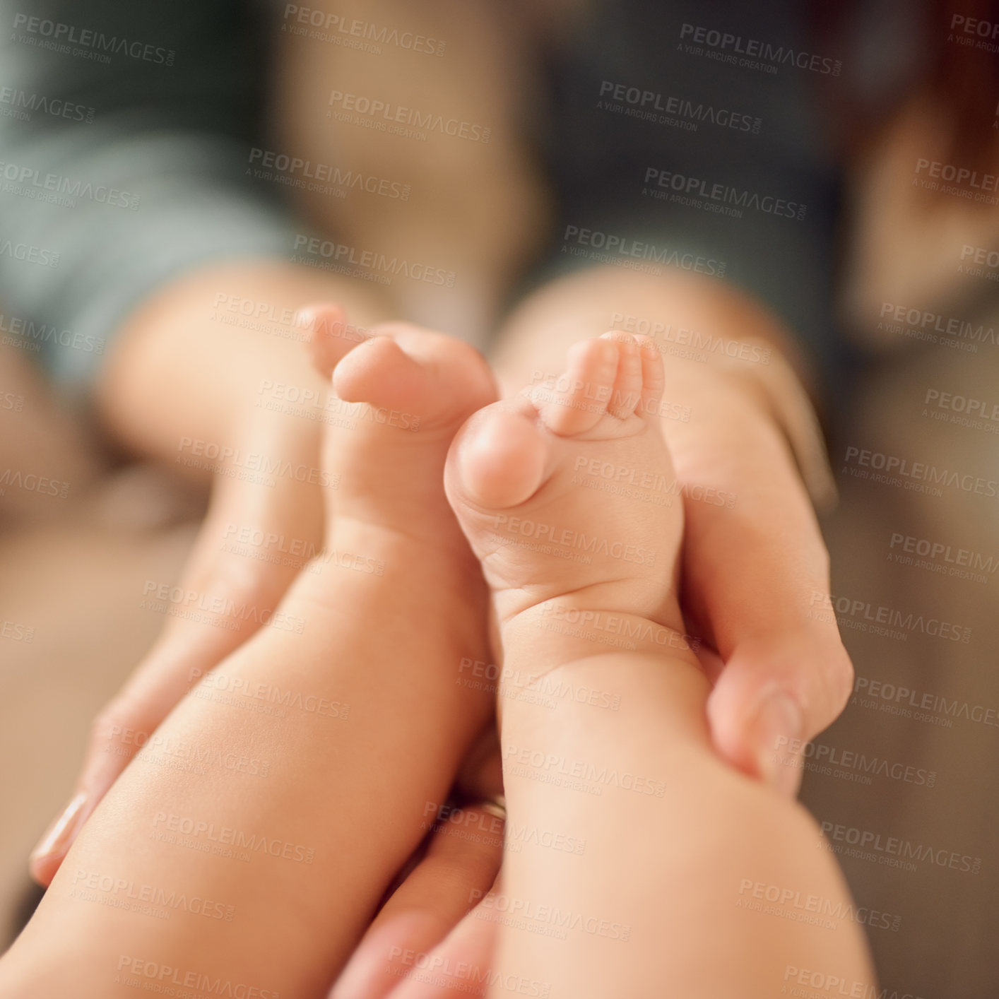 Buy stock photo Baby, foot and closeup with love or care for motherhood, soft skin with security and trust. Newborn, feet and zoom with support and growth for wellness, mother with healthy child or cosmetics