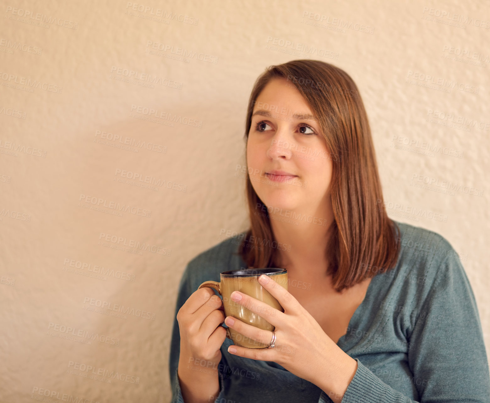 Buy stock photo Woman, idea and drinking coffee in living room for relax, down time and rest in day. Female person, calm and peaceful in lounge with beverage, thinking and mindfulness at home while taking a break