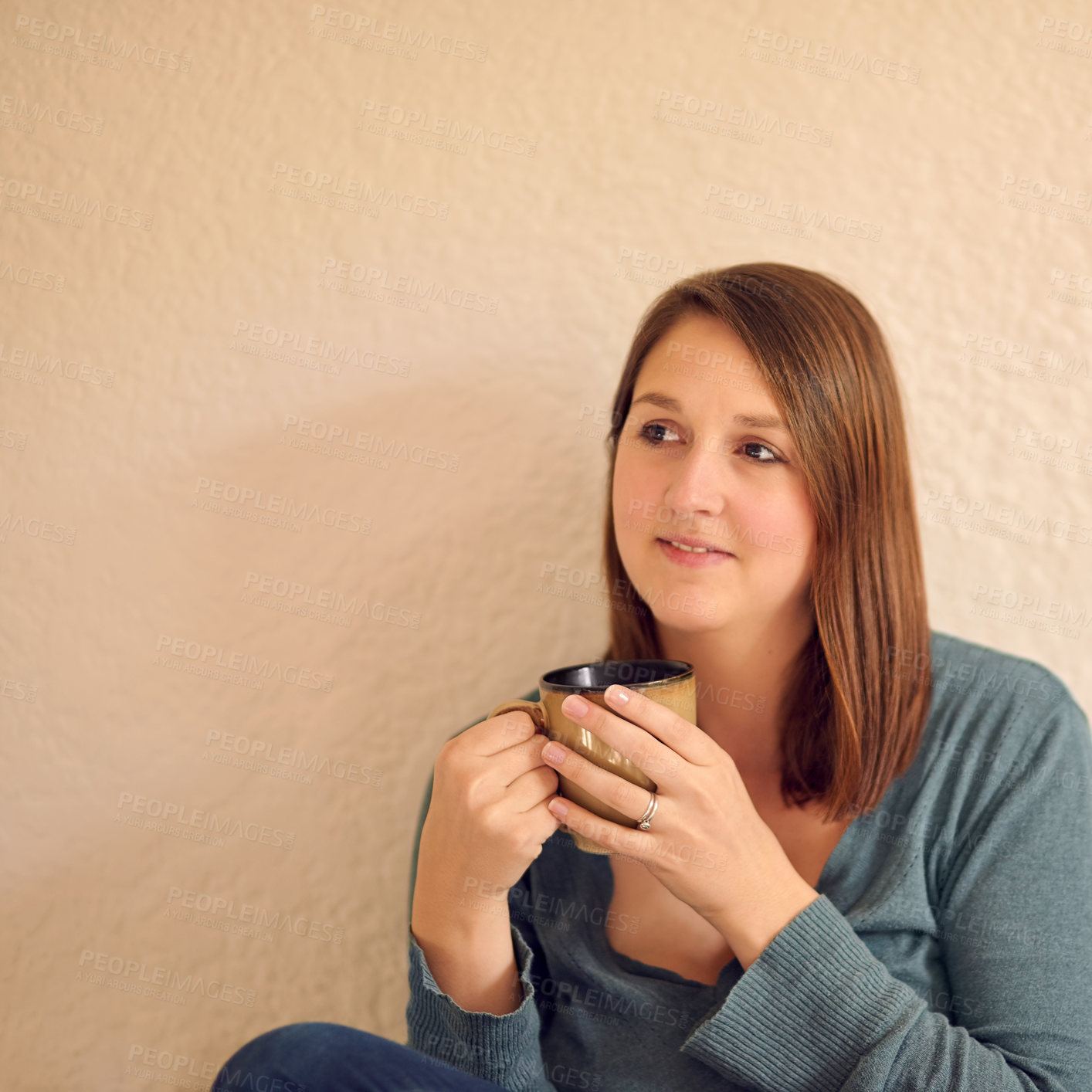 Buy stock photo Smile, woman and drinking coffee in living room for relax, down time and rest in day. Female person, calm and peaceful in lounge with beverage, thinking and mindful at home while taking a break