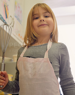 Buy stock photo Girl, child and portrait in kitchen with whisk for baking or cooking for life skills or learning, happiness and adorable. Person, home and apron to prepare food for growth and development or playing.