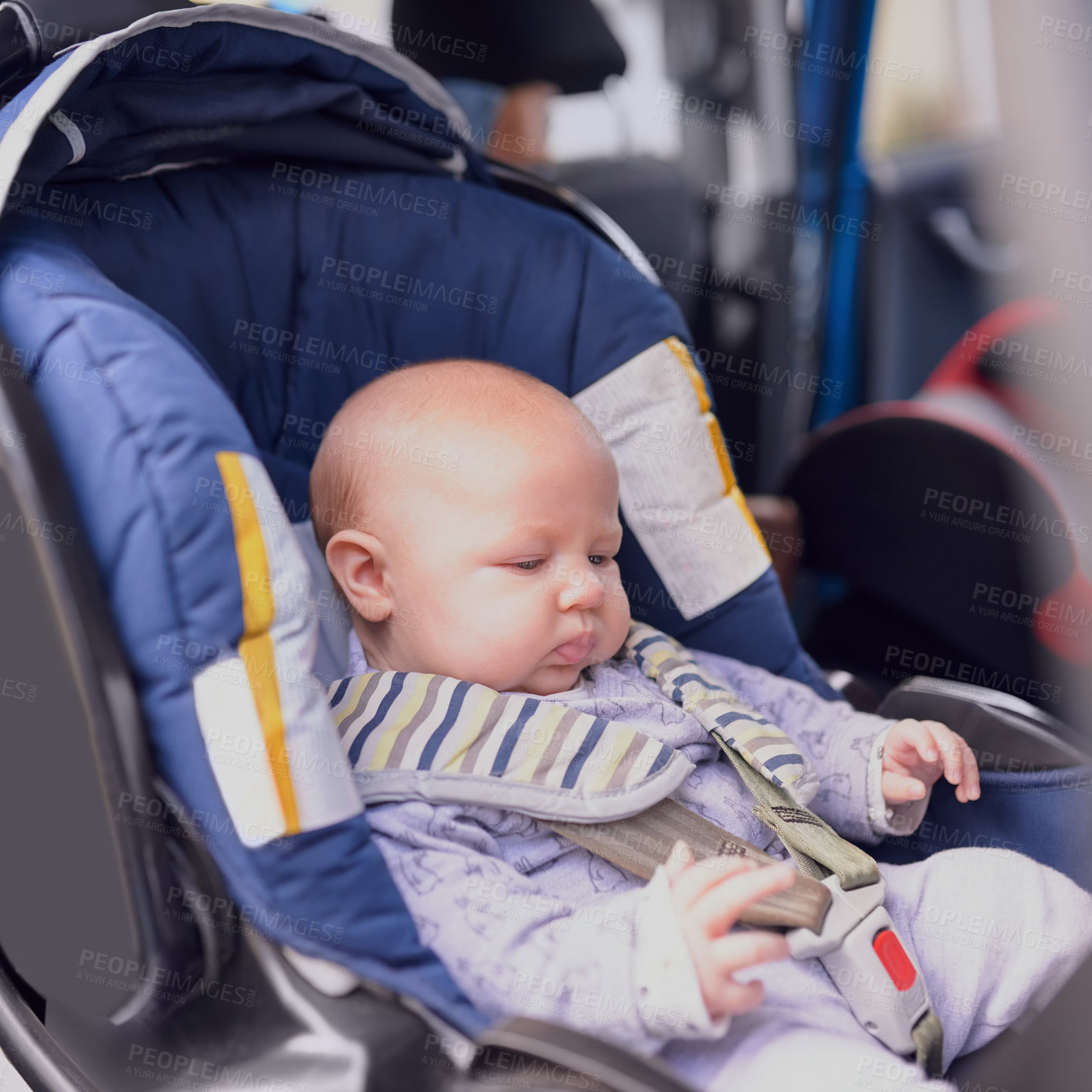 Buy stock photo Baby, boy and travel in car seat for adventure with safety or support for road trip on vacation or holiday on weekend. Infant, child and relax on chair for protection on journey with family