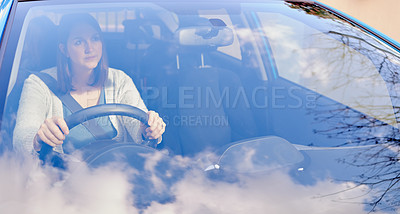 Buy stock photo Woman, driving and thinking in car for travel, journey and transport in countryside. Female person, reflection and looking out windshield in vehicle for idea, contemplate and memories on road