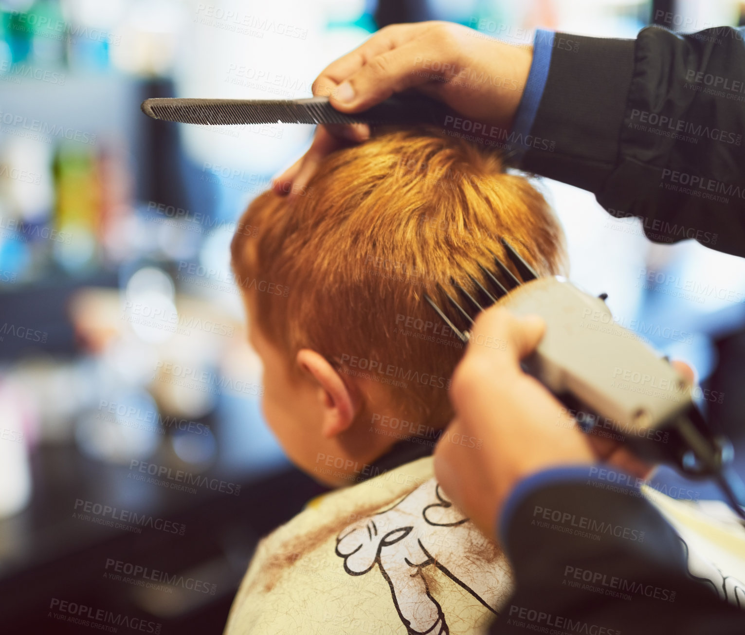 Buy stock photo Young, boy and barber haircut or clippers for grooming style in salon, childhood or development. Back, hands and electric shaver for cleaning hygiene with new look or customer service, youth or trust