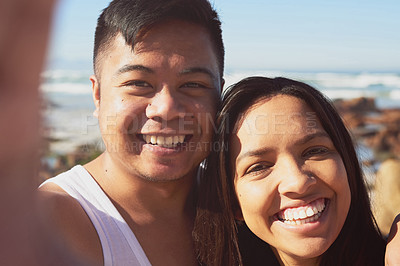 Buy stock photo Smiling, couple and selfie at beach in Mexico for memory, vacation and holiday in nature. Ocean, man and woman together in love with relaxation, adventure and romance for profile picture in summer