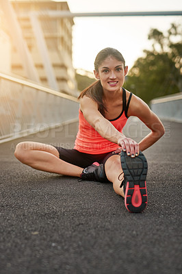 Buy stock photo Portrait, active and woman for stretch of legs on road for fitness, training and workout for health or wellness. Athlete, female person and warm up for sports marathon or race with exercise for goal
