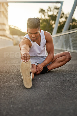 Buy stock photo Exercise, man and outdoor stretching legs ready for workout, fitness and running or wellness. Strong, male person or athlete on road for cardio, performance and training or healthy summer body