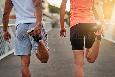 Buy stock photo Couple, fitness and wellness for health on road, stretching and exercise for bonding. Rear view, workout and training on bridge, outdoors for marathon and runners in street for cardio on highway