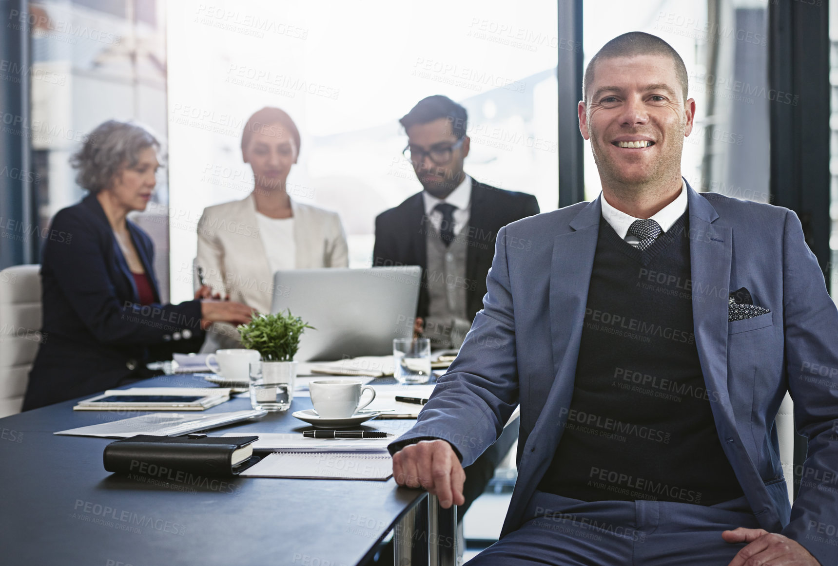 Buy stock photo Office, meeting and business man in portrait for investment growth, corporate project and smile. Boardroom, employees or financial advisor with career for risk management plan, leadership or about us