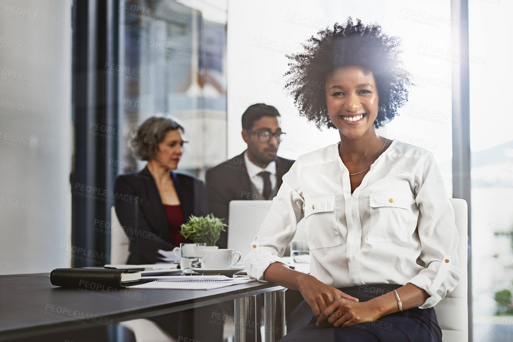 Buy stock photo Portrait, business and woman in office for meeting with about us, leadership and corporate career. Smile, female person and ambition with team workshop, finance consultant and investment opportunity