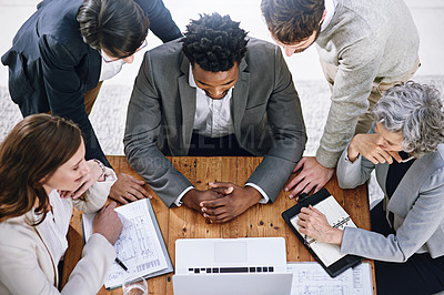 Buy stock photo Teamwork, diversity and laptop for project in workplace for business meeting, startup and planning. Men, women and technology in office for collaboration, brainstorming and discussion at desk