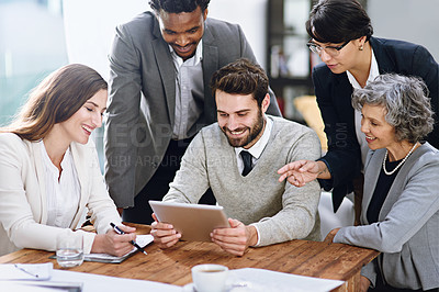 Buy stock photo Diversity, teamwork and tablet in workplace for project, business meeting and startup company. Men, women and technology in office for collaboration, brainstorming and discussion in corporate agency